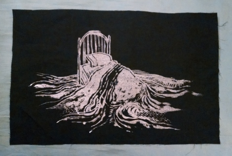 floating bed, white ink on black fabric